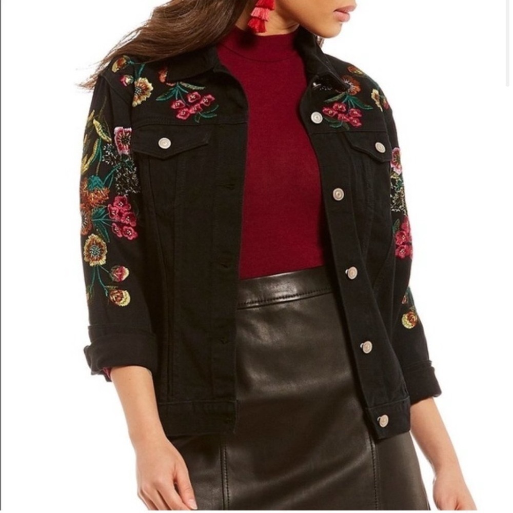 Gianni Bini Embroidered Black Jean Jacket Florals Small